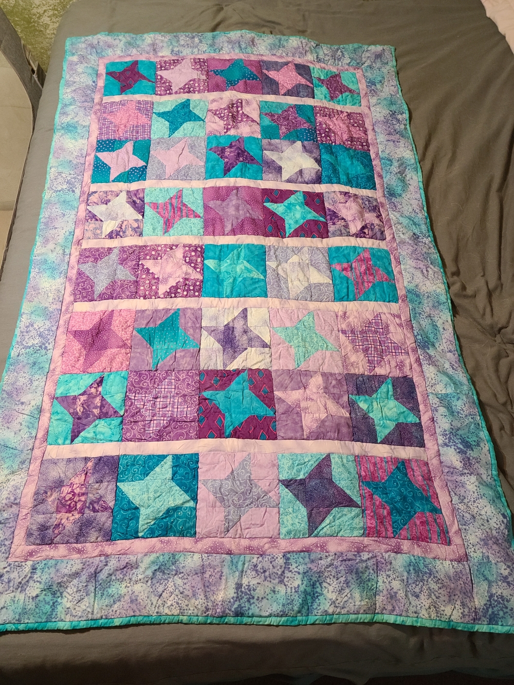 Handmade Star Patchwork Quilt - Purple & Teal